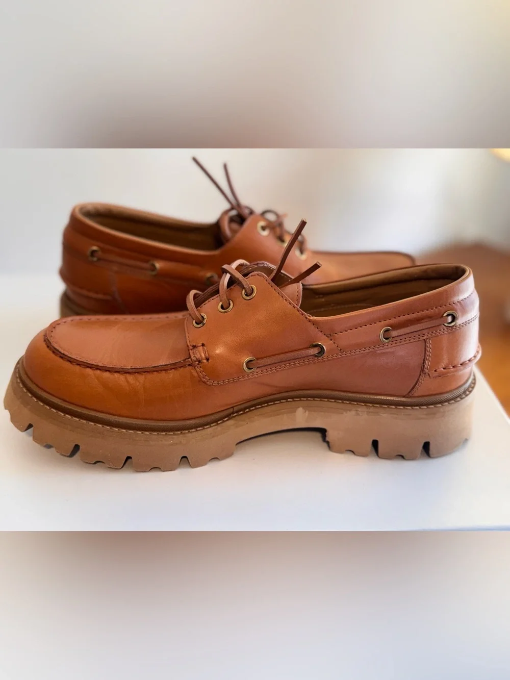 Emporio Armani Lug Sole Leather Boat Shoes Biscotto Tan Men's US 9 / UK 8 NIB